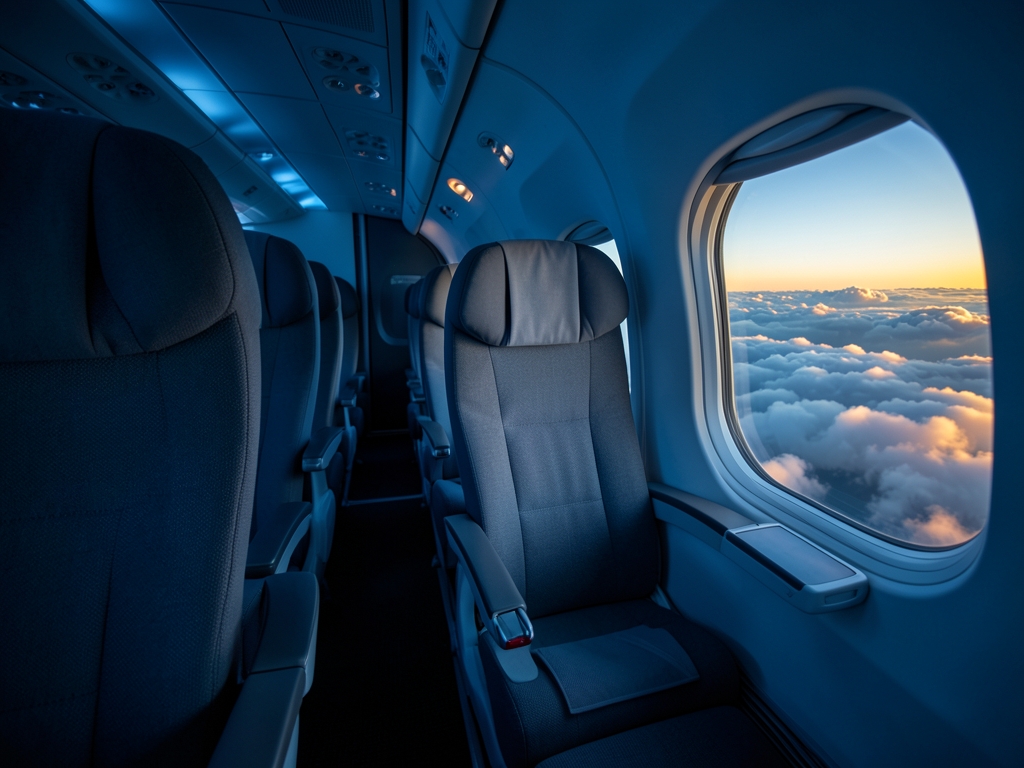 Airplane cabin interior with blue ambient lighting gray