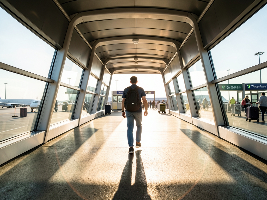 solitary traveler walking down long sun drenched bridge with