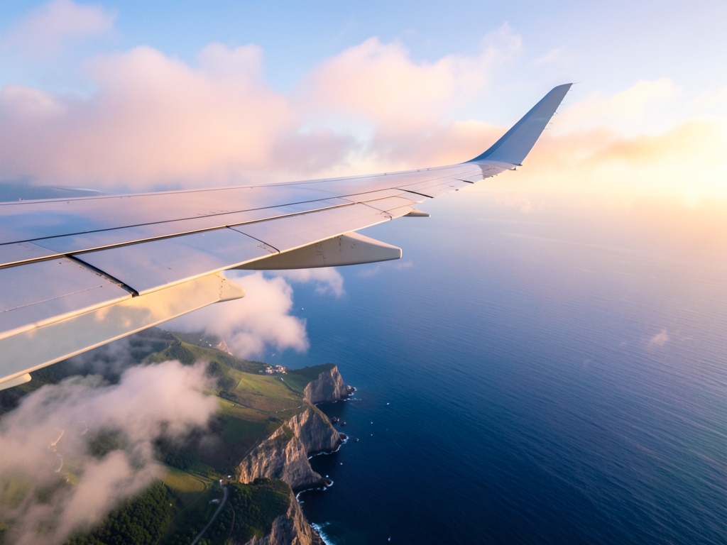 Aerial view transatlantic wing over misty European coastline