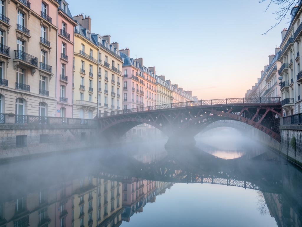 quiet Parisian canal dawn mist hovering over still