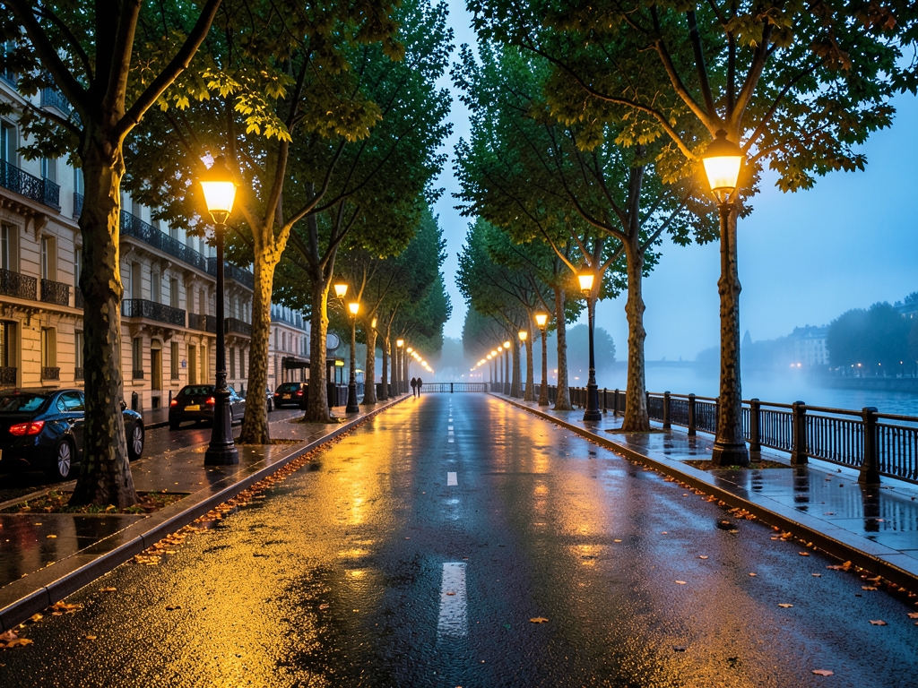 quiet Parisian boulevard dusk asphalt reflecting streetlamp glow