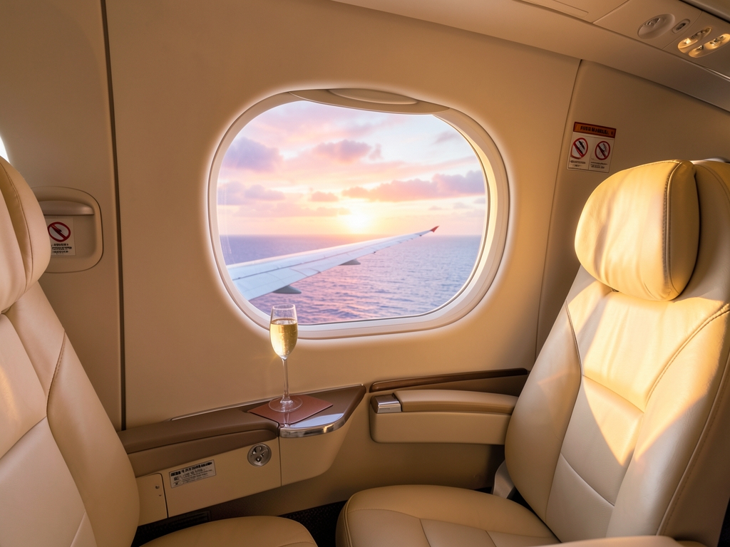 Airliner wing cutting above soft sunrise over Atlantic