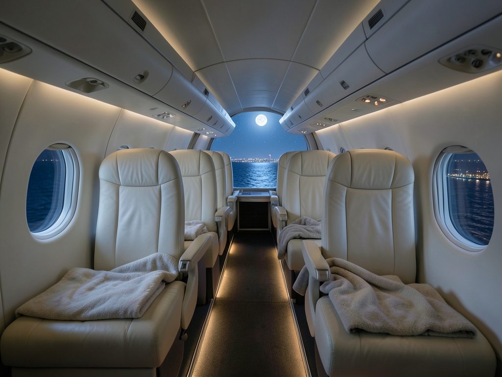 Night over Atlantic inside wide body cabin pale moon