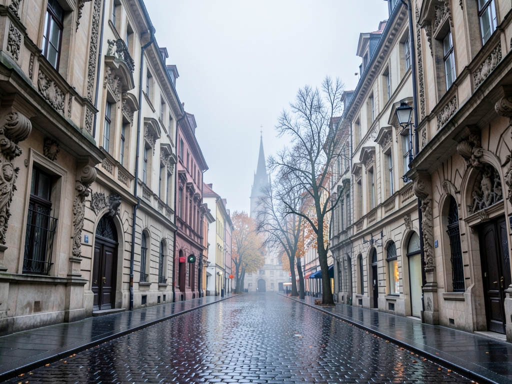 misty morning historic European town with cobblestones reflecting