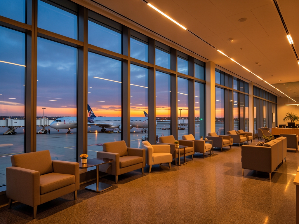 Warm amber glow fills modern airport terminal lounge