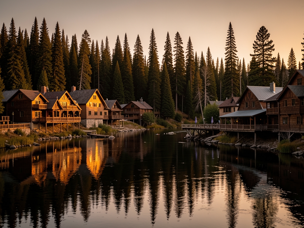 Soft midnight over Fairbanks riverfront with wooden buildings