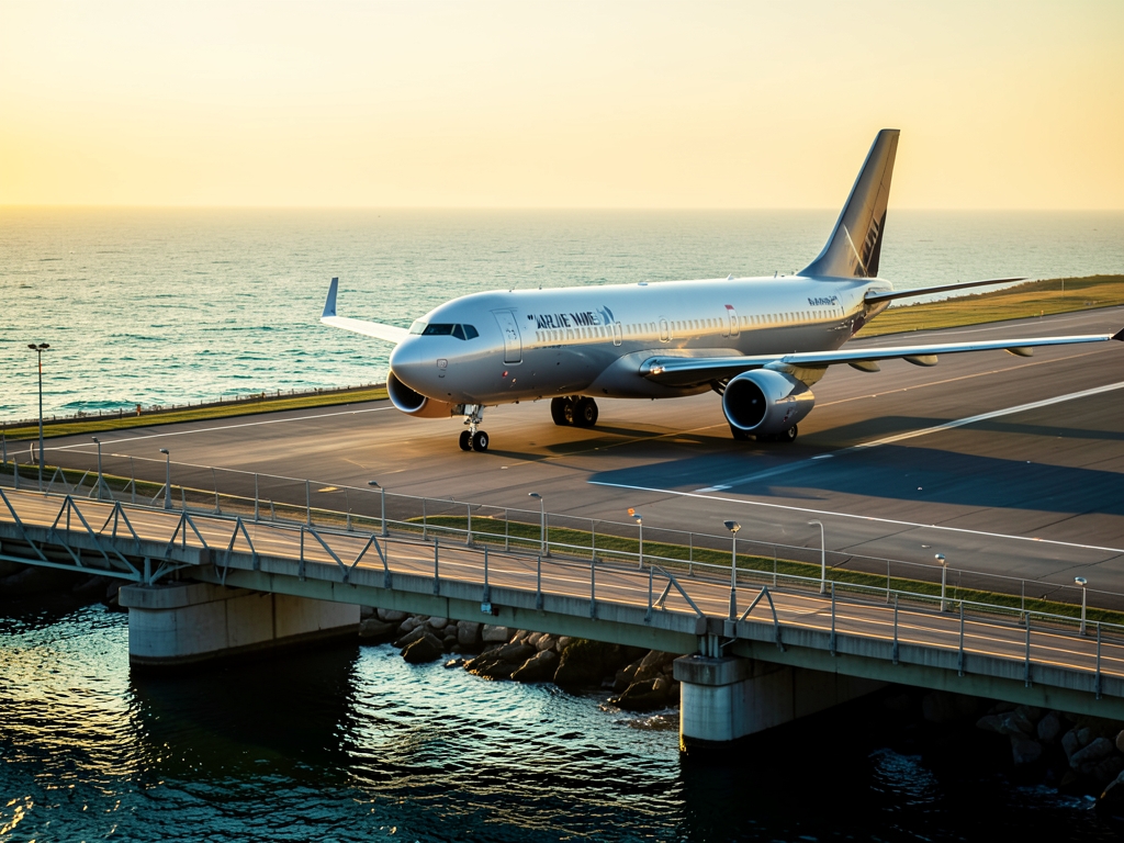 Commercial airplane runway beside coastal water long bridge