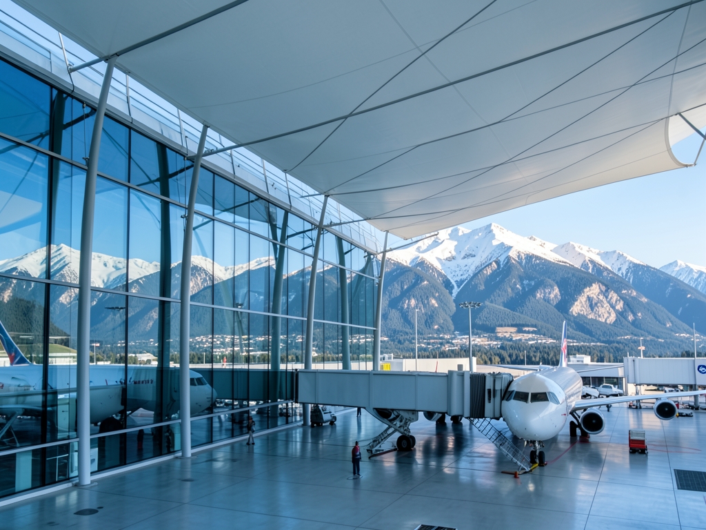 Exterior view sleek airport concourse extension with sweeping