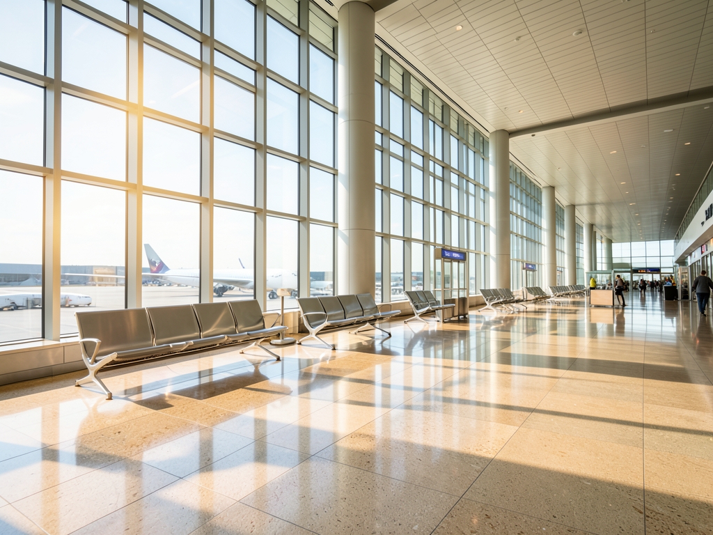 Sunlight streams through large windows modern airport terminal