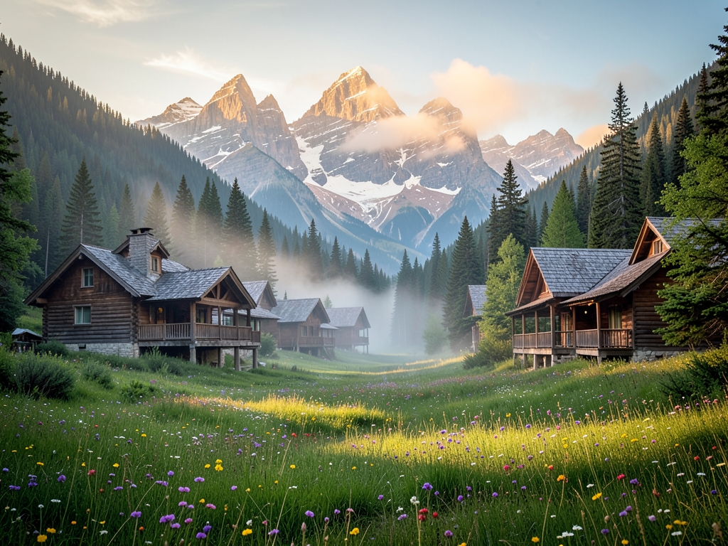 Quiet alpine valley with rustic timber lodges beneath