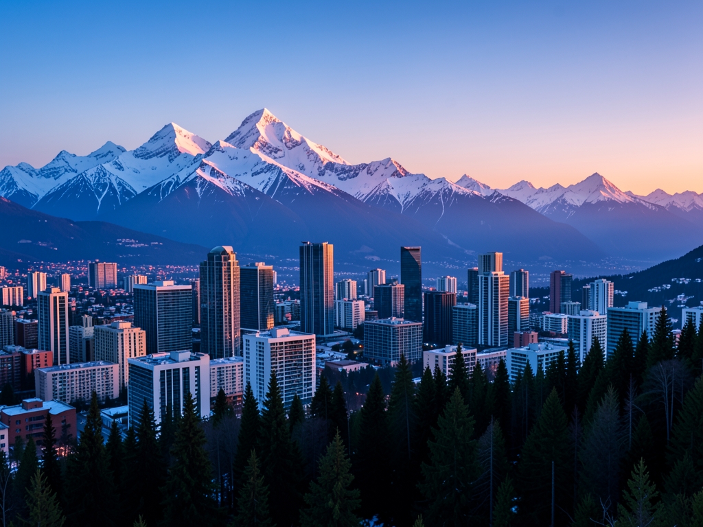 Modern mountain city skyline with snow capped peaks behind