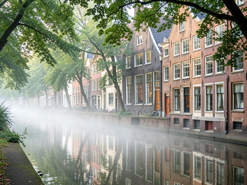 Amsterdam canal lined with historic brick gabled houses