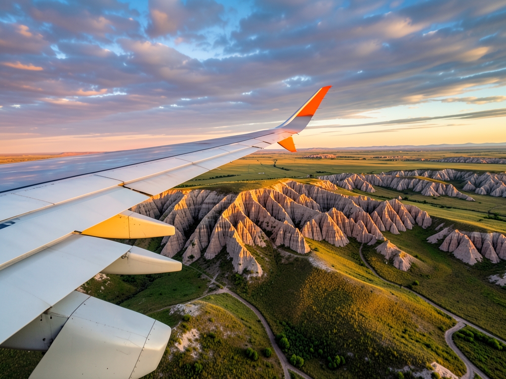 Airplane wing over vast North Dakota badlands rolling