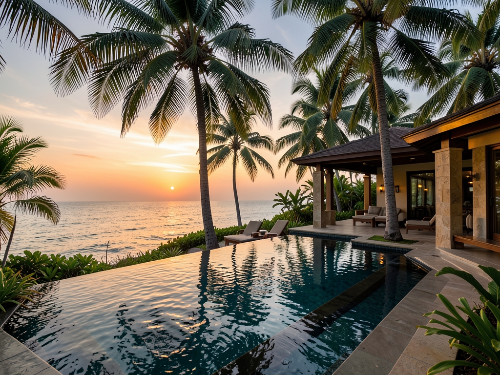 Tropical beachfront hotel dusk with palm trees infinity