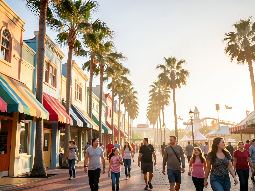 Wide shot sunlit theme park promenade lined with