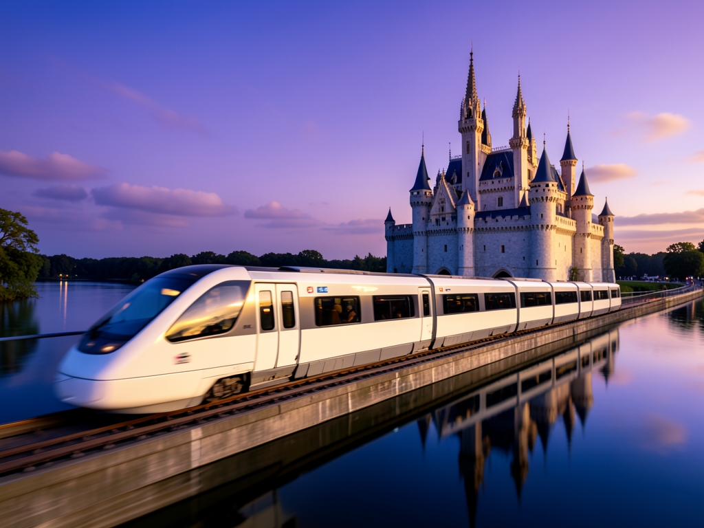 Monorail gliding past fairy tale castle across lagoon dusk