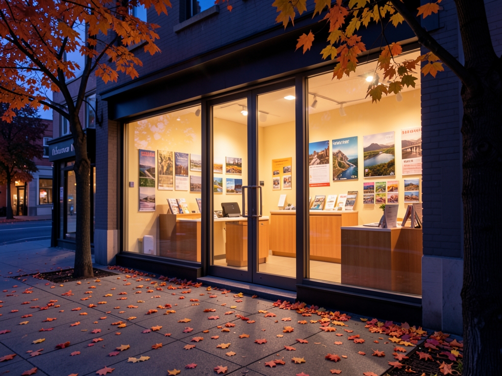 Quiet travel agency storefront dusk with glass doors warm