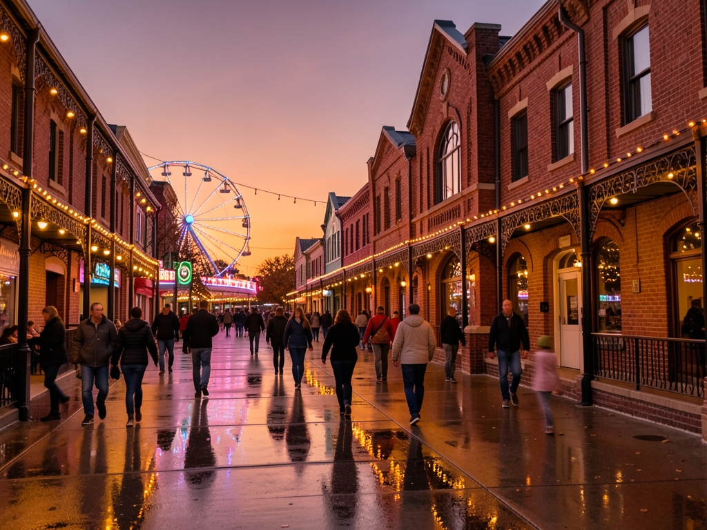 Dusk over bustling amusement park promenade string lights