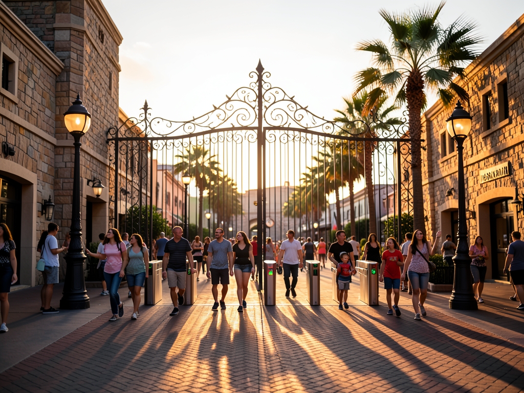 Wide view bustling theme park entrance plaza golden