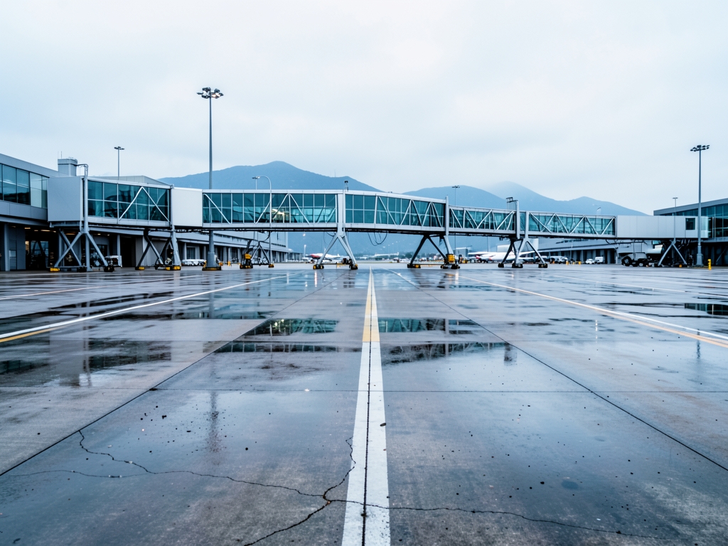 Diverging airport taxiways under overcast morning with concrete