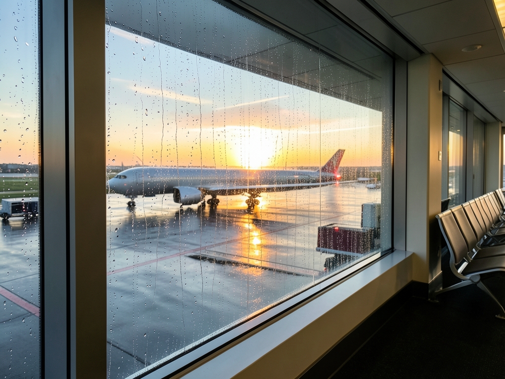 Rain streaked airport window golden hour distant aircraft tarmac
