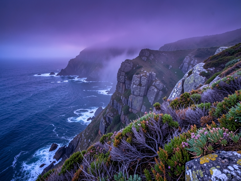 misty twilight view Cape Peninsula with sheer granite