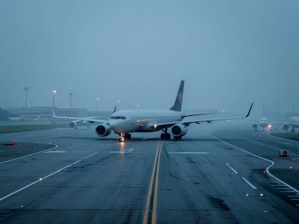 Overcast dawn airport runway with single commercial holding