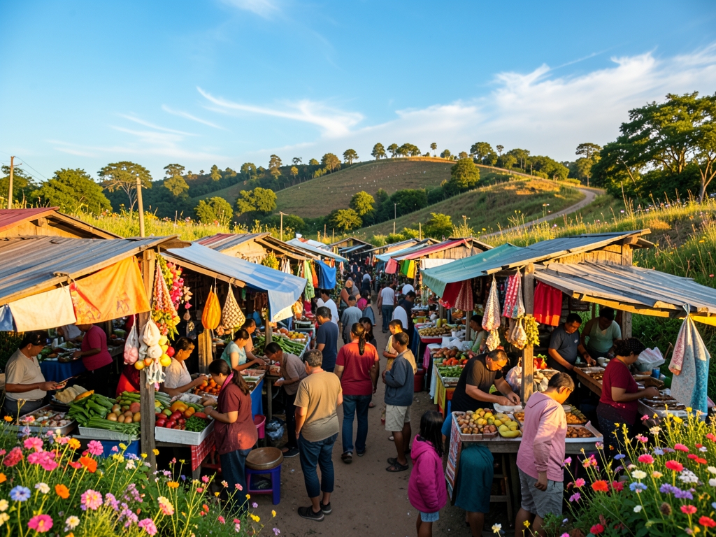 open air market with colorful stalls under bright surrounded