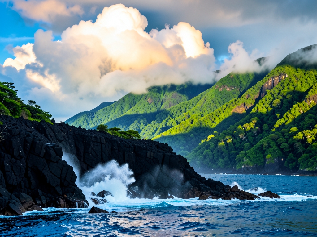 Lush volcanic coastline with emerald mountains deep blue