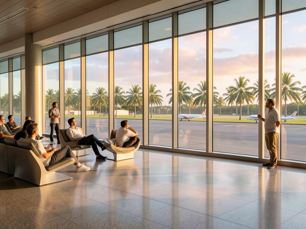 Quiet tropical airport terminal with floor to ceiling windows palm lined