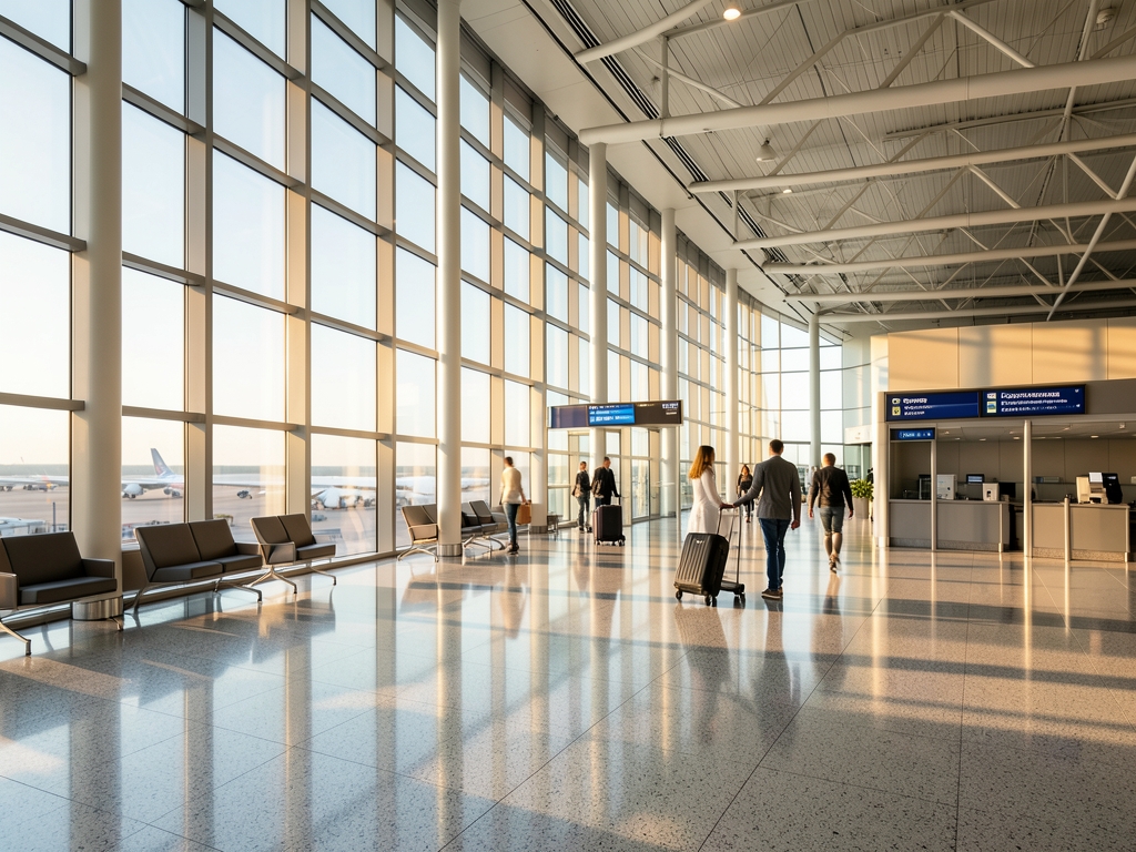 Quiet airport departure hall with tall glass windows