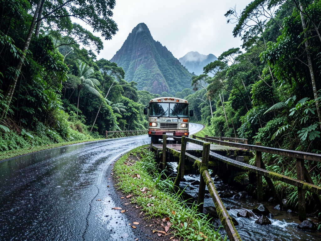 rain bright winding road through Dominica s rainforest small local