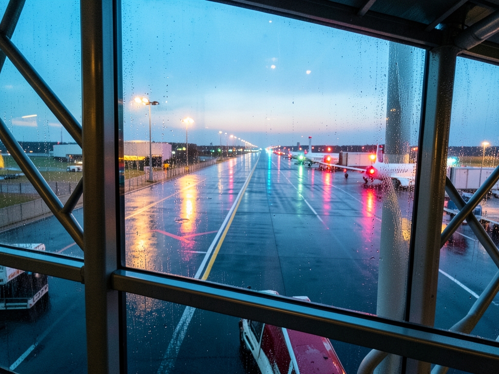 Rainy runway dusk seen through terminal window asphalt