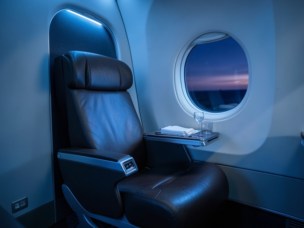 Airplane business class cabin twilight empty wide seat window