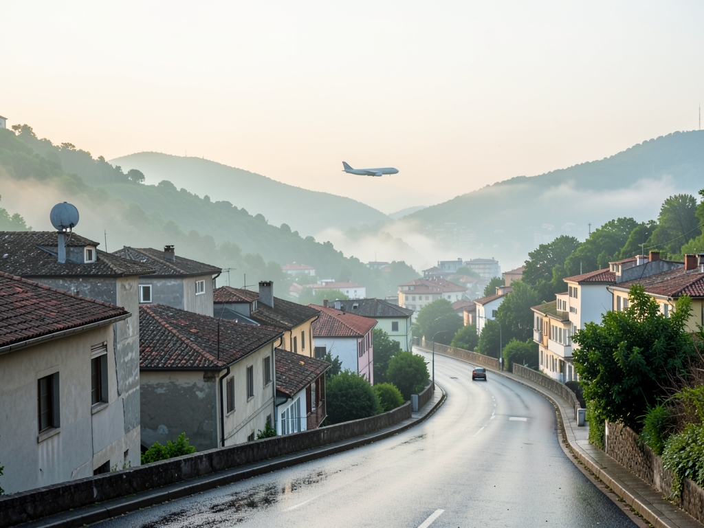Misty Tbilisi rooftops green hills under soft dawn