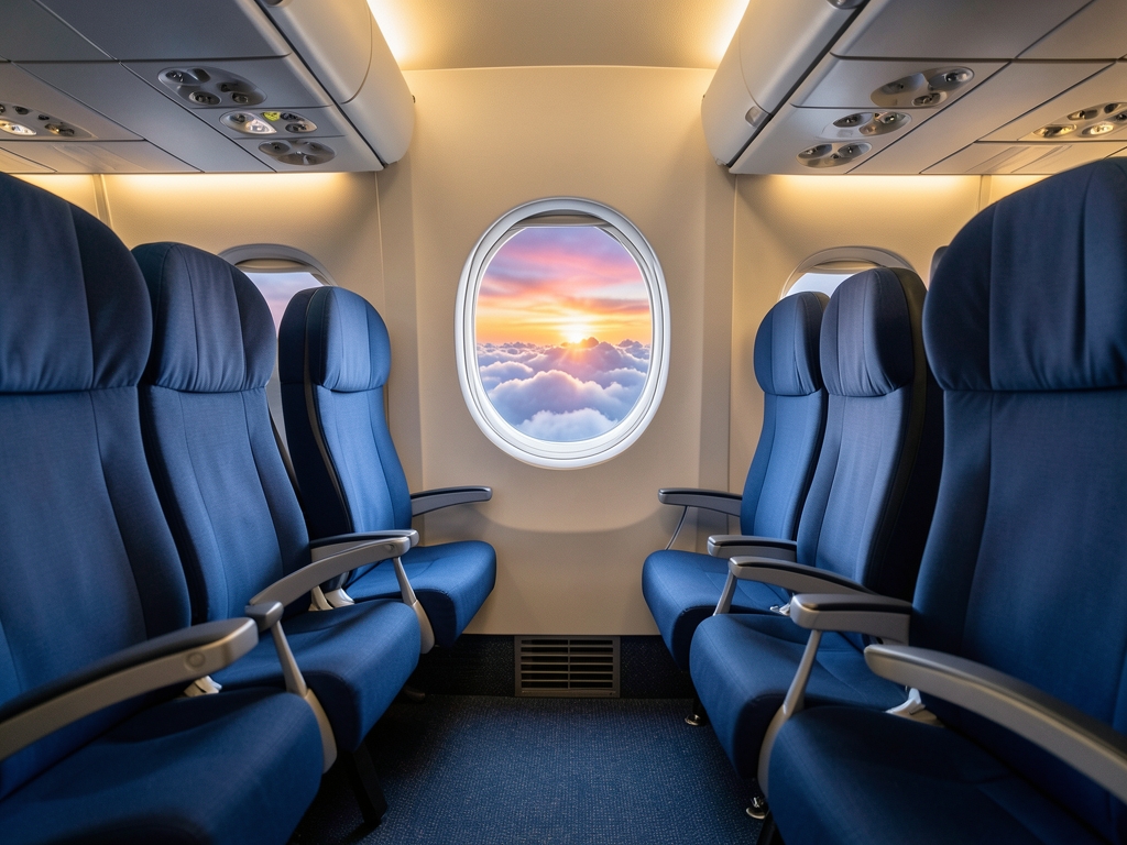 Airplane cabin aisle with blue seats warm overhead