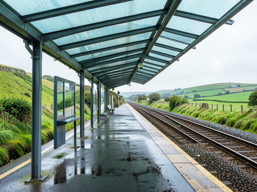 quiet Galway railway platform beneath glass and steel canopy after
