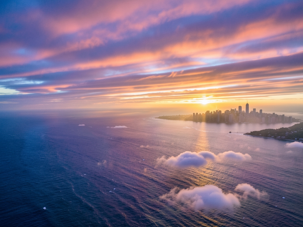 sweeping high altitude view over North Atlantic sunset with