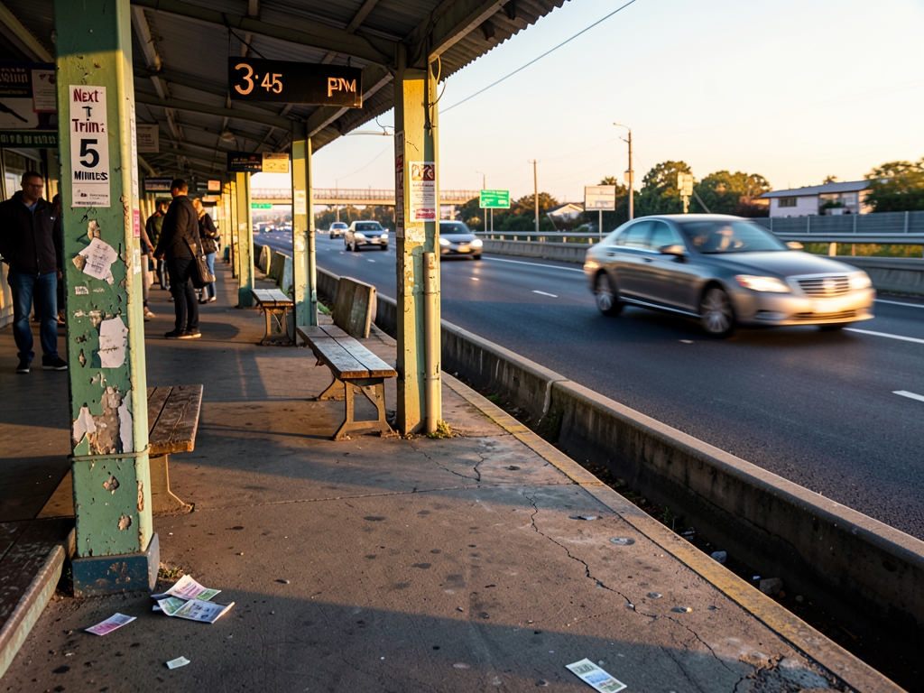 Wide shot weathered public transit platform bathed warm
