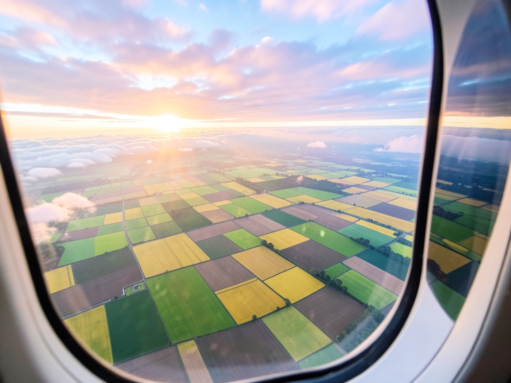 Aerial view patchwork farmland clouds from airplane window