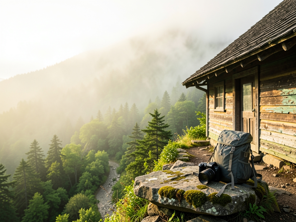 Misty Appalachian overlook Shenandoah National Park with wooden