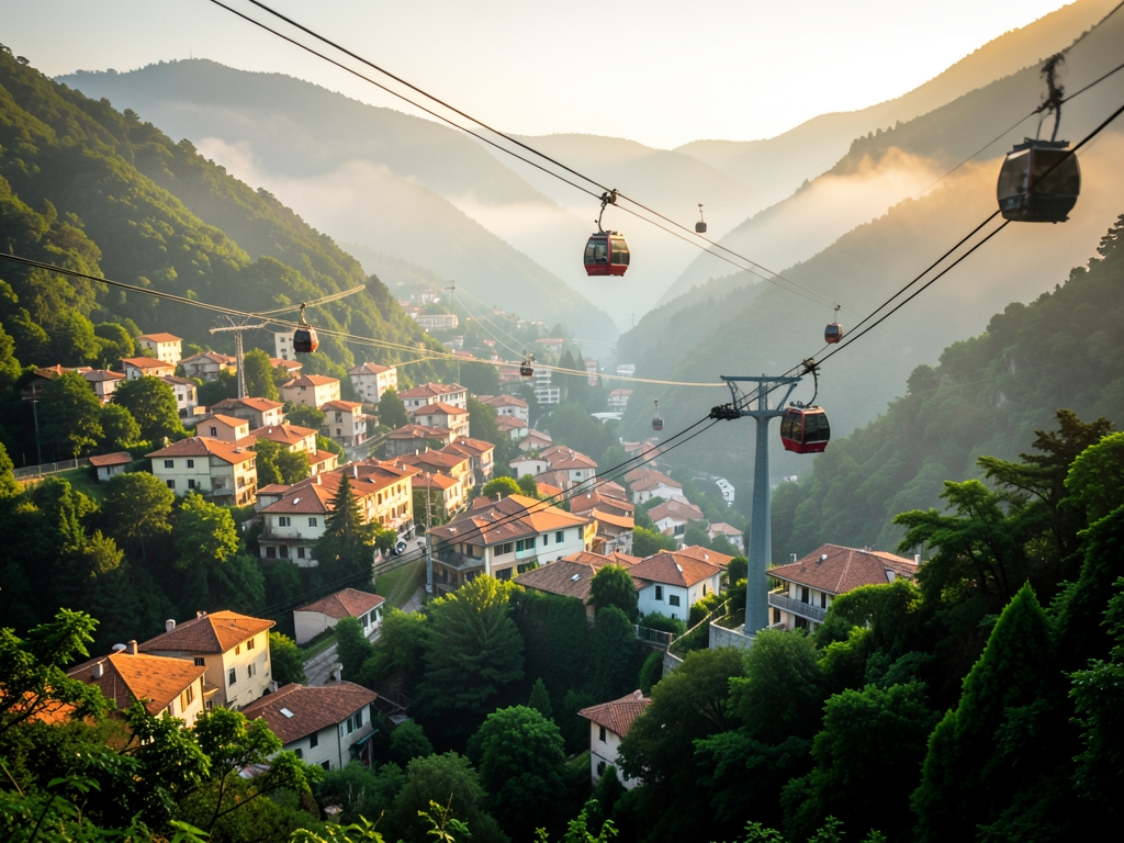 Green mountain valley city with terracotta rooftops cable