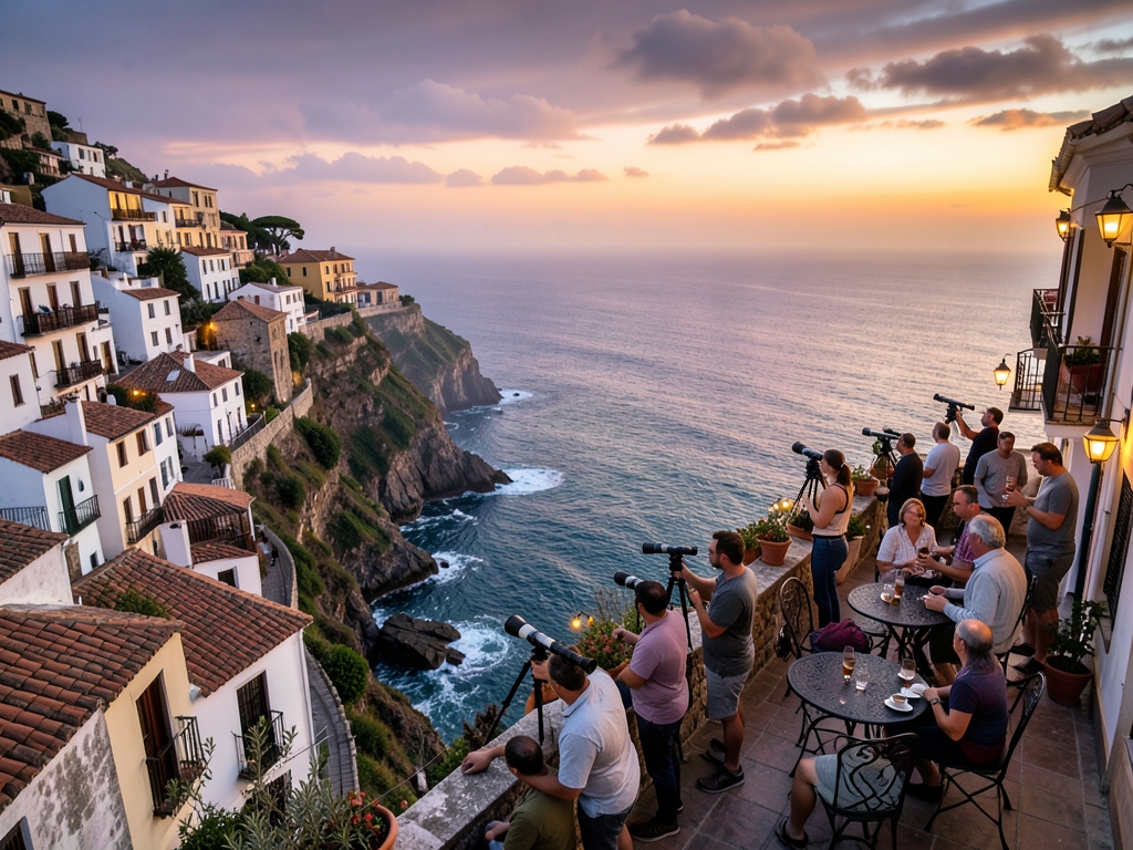 historic Spanish coastal town dusk with terracotta rooftops