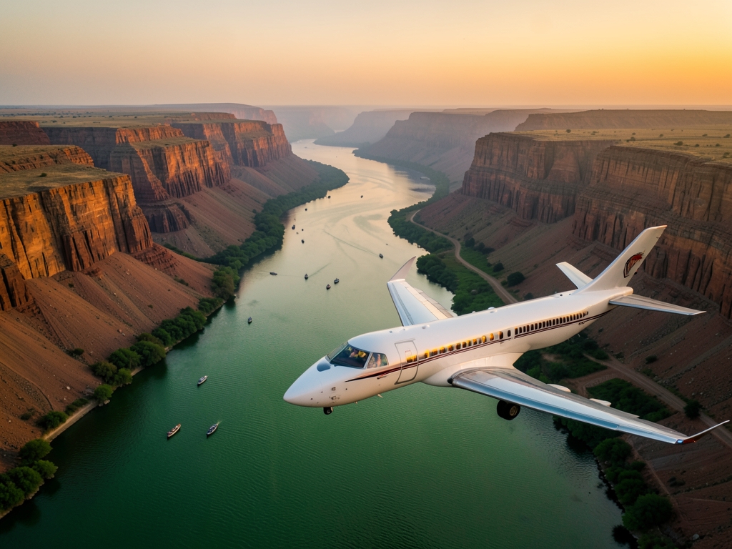 Aerial dusk view over Nile valley with passenger