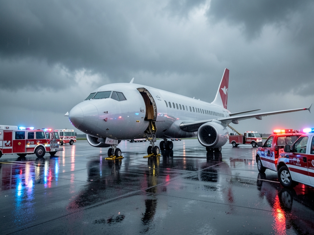 Airliner tarmac beside emergency vehicles under gray storm