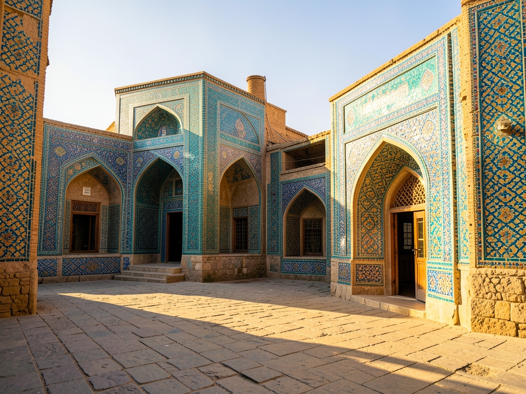 ancient Silk Road city Uzbekistan with turquoise tiled madrasas