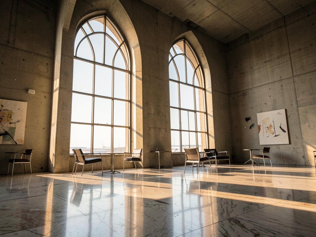 sun bleached concrete airport lounge with polished marble floors