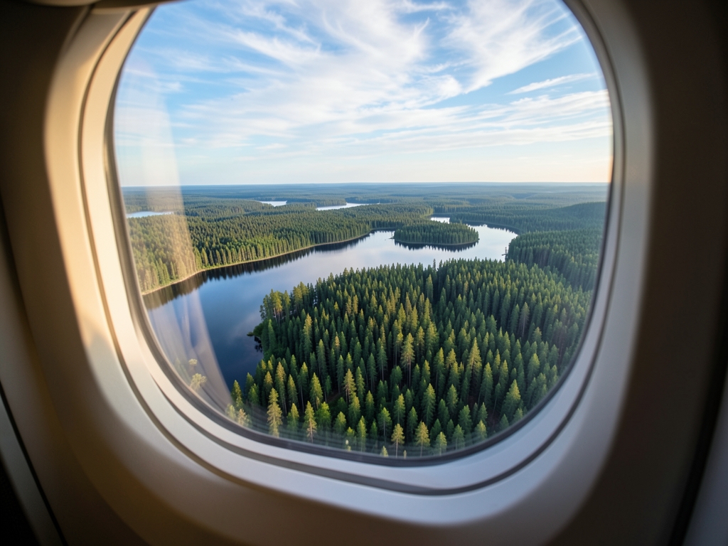 Finnish forest lakes seen from airplane window soft