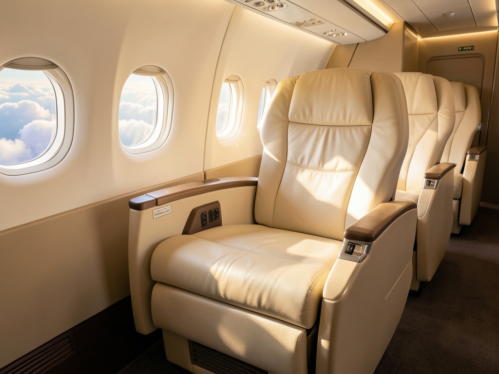 Airy aircraft seating area with extended legrests plush