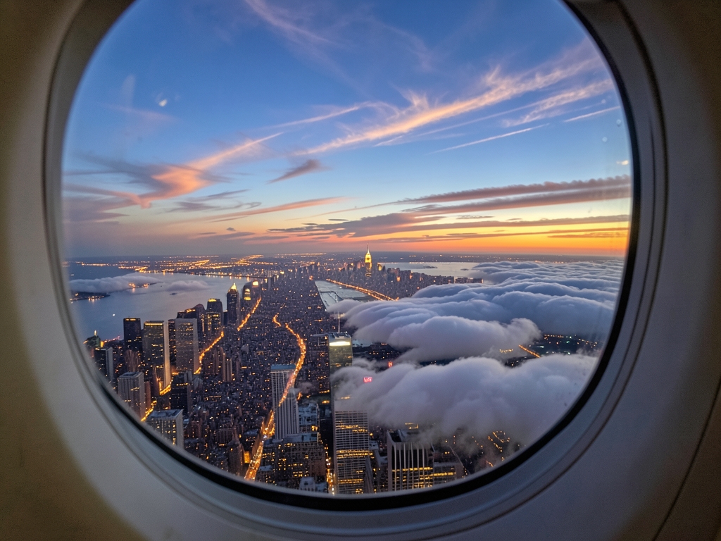 Manhattan skyline dusk seen from airplane window amber